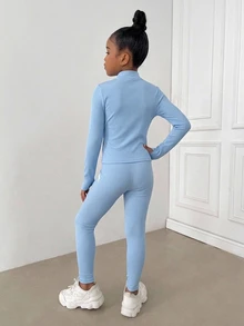 SHEIN Tween女孩純色紋理休閒長袖運動服，兒童秋冬套裝 - 淺藍色 - 查看 2