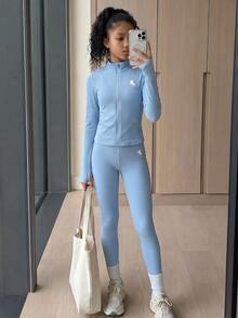 SHEIN Tween女孩純色紋理休閒長袖運動服，兒童秋冬套裝 - 淺藍色 - 查看 6