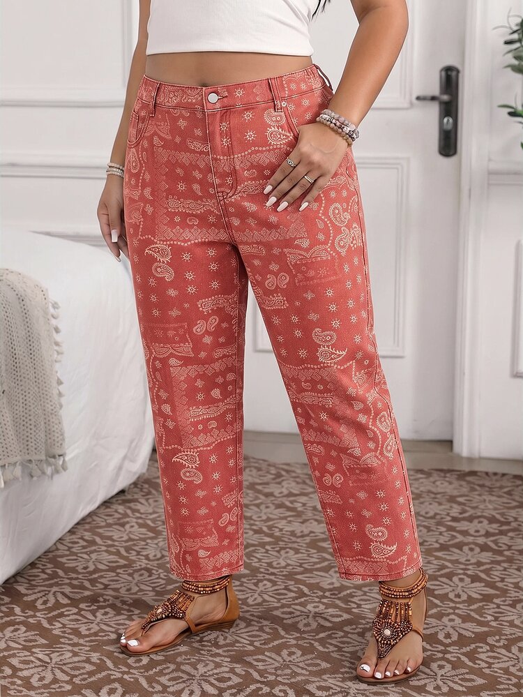EMERY ROSE Plus Size Women's Cashew Pattern Pocket Casual Denim Jeans - Red - View 5