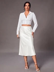 SHEIN Tall 女款純色高腰優雅魚尾裙 - 白色 - 查看 5