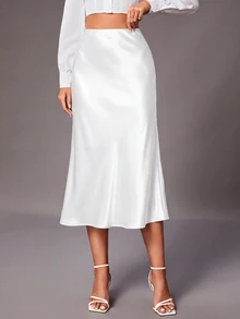SHEIN Tall 女款純色高腰優雅魚尾裙 - 白色 - 查看 1