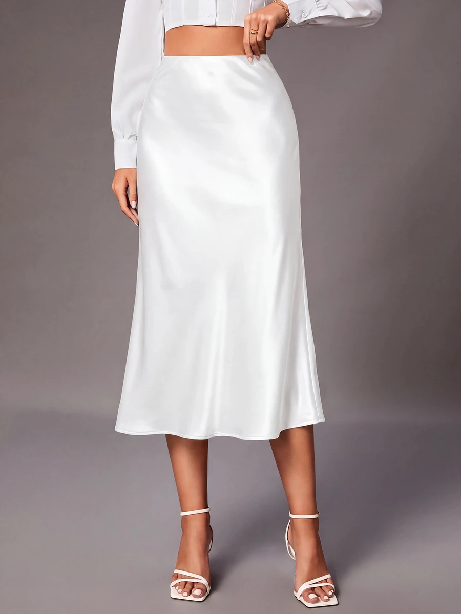 SHEIN Tall 女款純色高腰優雅魚尾裙 - 白色 - 查看 1