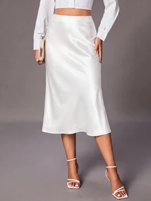 SHEIN Tall 女款純色高腰優雅魚尾裙 - 白色 - 查看 3