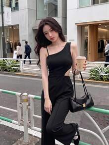 SHEIN MOD Asymmetric Neckline & Hollow Out Detail Jumpsuit - Black - View 1