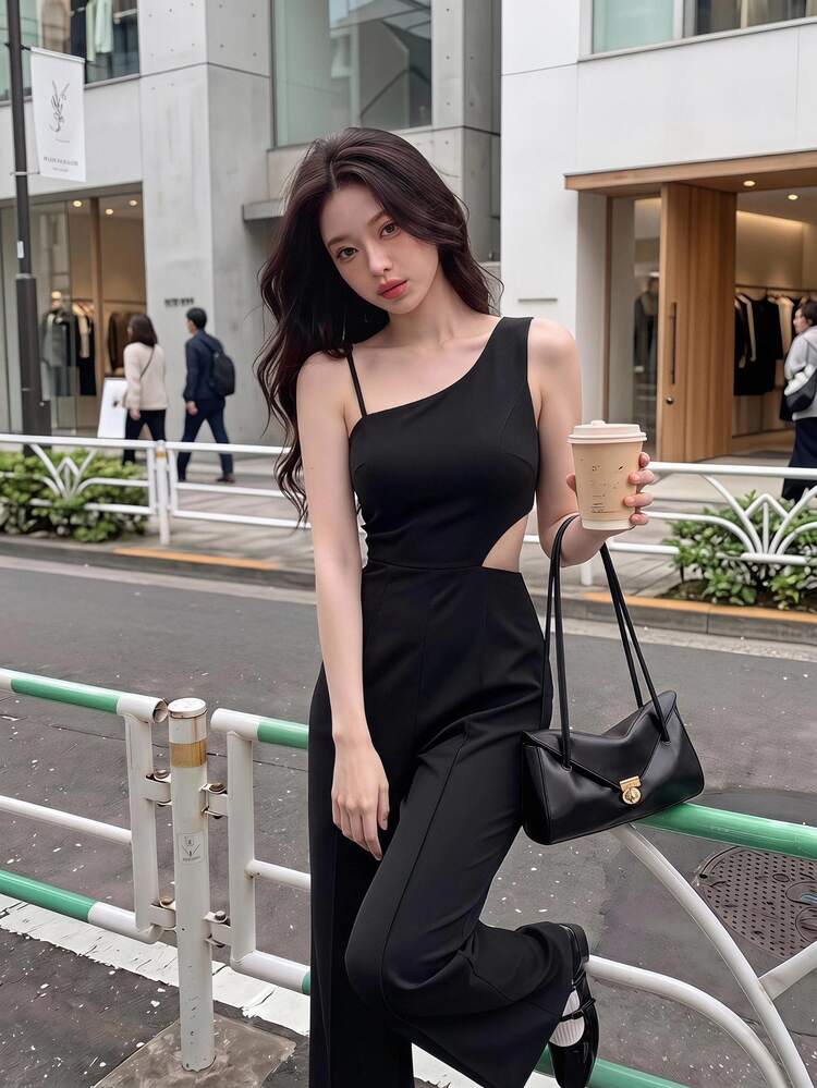 SHEIN MOD Asymmetric Neckline & Hollow Out Detail Jumpsuit - Black - View 1