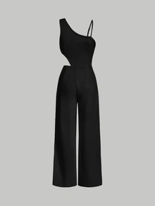 SHEIN MOD Asymmetric Neckline & Hollow Out Detail Jumpsuit - Black - View 2