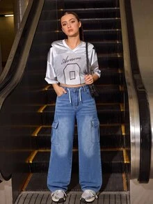 SHEIN Explorewe 青少年女孩復古街頭風休閒可調節抽繩腰寬腿寬鬆舒適牛仔褲，適合學校、校園、大學夏季假期與秋季 - 深色水洗藍 - 查看 3