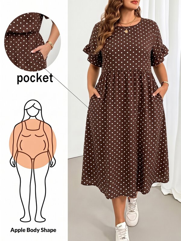 SHEIN Essnce Plus Size Women's Polka Dot Round Neck Casual Daily Wear Dress