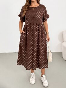 SHEIN Essnce 大尺碼女款圓領波點休閒日常穿著洋裝 - 彩色 - 查看 3