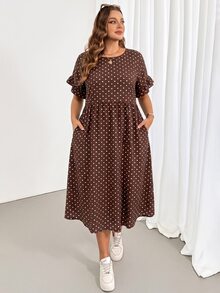 SHEIN Essnce 大尺碼女款圓領波點休閒日常穿著洋裝 - 彩色 - 查看 5