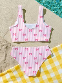 青少年女孩休閒簡約夏季新款海灘度假甜美蝴蝶結奶油色與白色條紋細肩帶三角比基尼泳衣套裝 - 彩色 - 查看 2