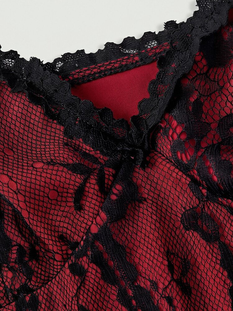 Skyraze Women's Sheer Lace Spaghetti Strap Mini Dress Fall Summer Festival Graduation Date Night Night Out Party Halloween Beach Vacation Dress Dark Red Sexy - Multicolor - View 3