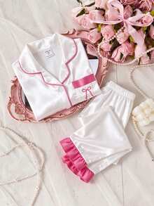 Baby Girl Satin Short Sleeve Top & Long Pants 2pcs Set With Bow Embroidery & Ruffle Trim, White & Fuchsia Contrast Color, High-End Fashion Loungewear Outfit, Spring/Summer - White - View 1
