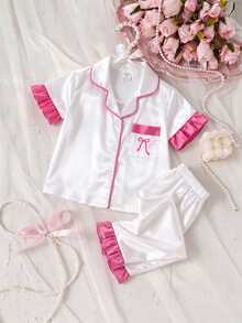Baby Girl Satin Short Sleeve Top & Long Pants 2pcs Set With Bow Embroidery & Ruffle Trim, White & Fuchsia Contrast Color, High-End Fashion Loungewear Outfit, Spring/Summer - White - View 3