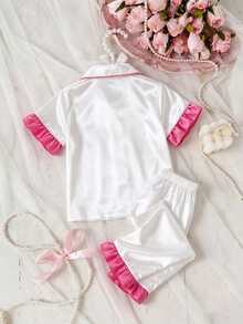 Baby Girl Satin Short Sleeve Top & Long Pants 2pcs Set With Bow Embroidery & Ruffle Trim, White & Fuchsia Contrast Color, High-End Fashion Loungewear Outfit, Spring/Summer - White - View 2