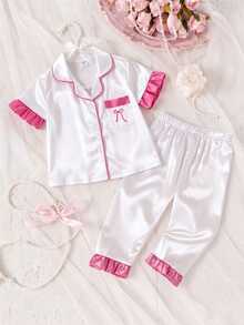 Baby Girl Satin Short Sleeve Top & Long Pants 2pcs Set With Bow Embroidery & Ruffle Trim, White & Fuchsia Contrast Color, High-End Fashion Loungewear Outfit, Spring/Summer - White - View 5