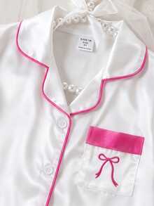 Baby Girl Satin Short Sleeve Top & Long Pants 2pcs Set With Bow Embroidery & Ruffle Trim, White & Fuchsia Contrast Color, High-End Fashion Loungewear Outfit, Spring/Summer - White - View 4