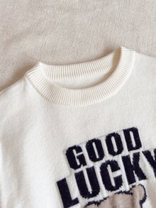 SHEIN 少女学院风熊与字母提花图案套头衫 - 白色 - 查看 3
