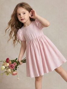 SHEIN x Tata & Beatriz PrepCrw 1件装少女优雅精致金色圆点提花白色圆领网纱袖连衣裙，适合外出、聚会、节日、派对、春季、夏季、情人节、婚礼等场合。 - 粉色 - 查看 7
