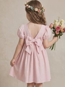 SHEIN x Tata & Beatriz PrepCrw 1件装少女优雅精致金色圆点提花白色圆领网纱袖连衣裙，适合外出、聚会、节日、派对、春季、夏季、情人节、婚礼等场合。 - 粉色 - 查看 8