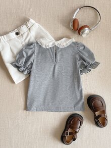 SHEIN Young Girls' Preppy Style Bow Decor Contrast Color Peter Pan Collar Puff Sleeve T-Shirt - Grey - View 2