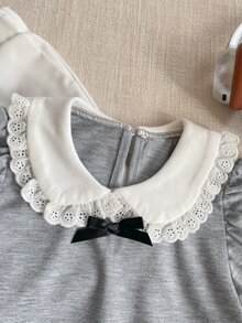 SHEIN Young Girls' Preppy Style Bow Decor Contrast Color Peter Pan Collar Puff Sleeve T-Shirt - Grey - View 3