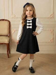 PrepCrw Young Girls' Colorblock Sleeve Bow Decor Round Neck Dress - Black and White - View 6