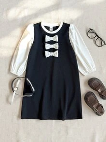 PrepCrw Young Girls' Colorblock Sleeve Bow Decor Round Neck Dress - Black and White - View 2