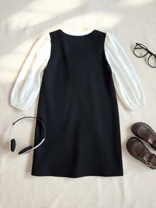 PrepCrw Young Girls' Colorblock Sleeve Bow Decor Round Neck Dress - Black and White - View 3