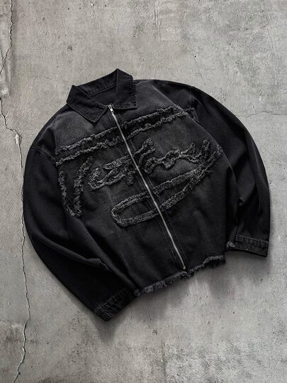 CalleClaro Men's Black Zipper Applique Embroidered Denim Jacket, Plain, Grunge, Urban, Work