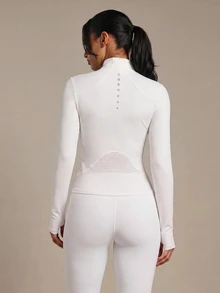 SHEIN Sports Zip-Up Sporty Jacket, Plain Color Minimalist Casual Everyday Wear - White - View 3
