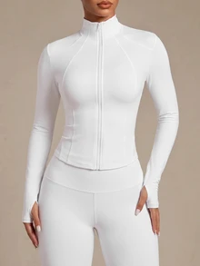SHEIN Sports Zip-Up Sporty Jacket, Plain Color Minimalist Casual Everyday Wear - White - View 4