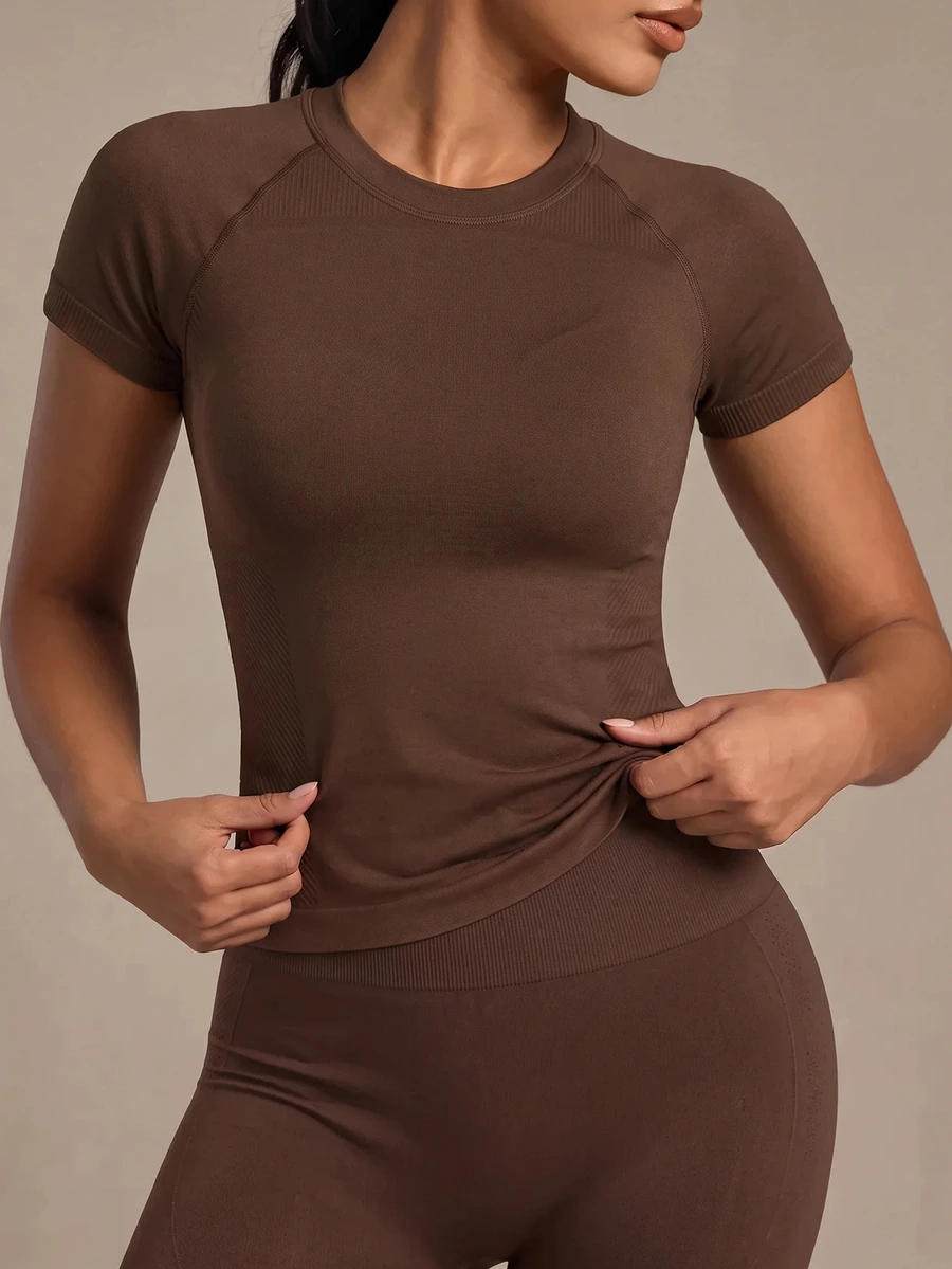 SHEIN Sports Women's Solid Color Round Neck Raglan Short Sleeve Fitted Seamless Sports T-Shirt - Coffee Brown - View 1