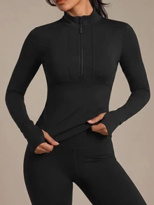 SHEIN Sports Half-Zip Thumb Hole Sportswear Long Sleeve Sweatshirt Black Zip Up Fall  Sweatshirts - Black - View 3