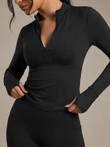 SHEIN Sports Half-Zip Thumb Hole Sportswear Long Sleeve Sweatshirt Black Zip Up Fall  Sweatshirts - Black - View 6