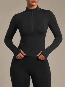 SHEIN Sports Half-Zip Thumb Hole Sportswear Long Sleeve Sweatshirt Black Zip Up Fall  Sweatshirts - Black - View 5