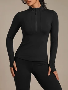 SHEIN Sports Half-Zip Thumb Hole Sportswear Long Sleeve Sweatshirt Black Zip Up Fall  Sweatshirts - Black - View 4