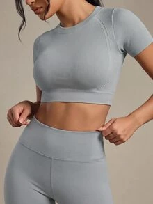 SHEIN Sports Women's Solid Color Raglan Short Sleeve Cropped Sports T-Shirt Fitted Shirt Gym Shirts - Grey - View 6