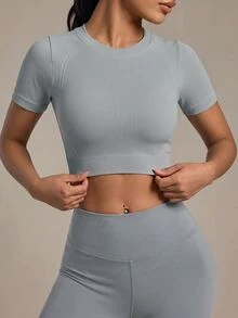 SHEIN Sports Women's Solid Color Raglan Short Sleeve Cropped Sports T-Shirt Fitted Shirt Gym Shirts - Grey - View 4