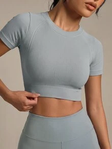 SHEIN Sports Women's Solid Color Raglan Short Sleeve Cropped Sports T-Shirt Fitted Shirt Gym Shirts - Grey - View 5