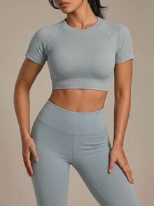 SHEIN Sports Women's Solid Color Raglan Short Sleeve Cropped Sports T-Shirt Fitted Shirt Gym Shirts - Grey - View 7