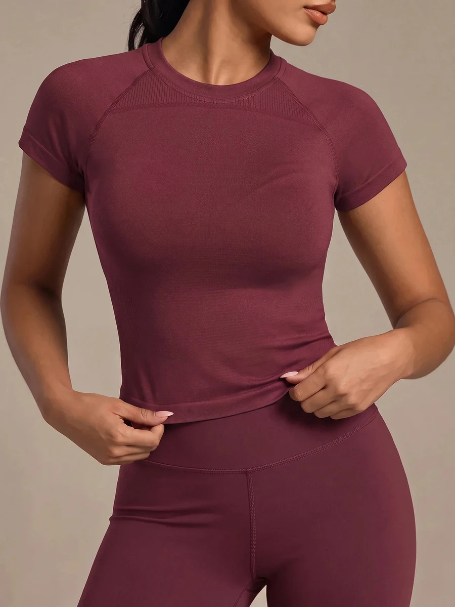 Powerista Breathable Crop Sports Tee Fitted Shirt Workout Tank Top Gym Women Shirts - Burgundy - View 1