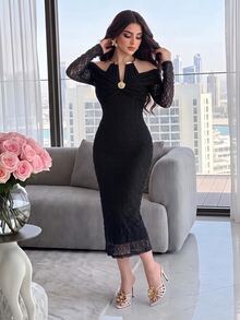 Modelyn 女款優雅派對露肩掛脖蕾絲中長洋裝 - 黑色 - 查看 6