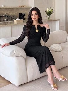 Modelyn 女款優雅派對露肩掛脖蕾絲中長洋裝 - 黑色 - 查看 5