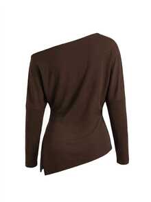 Gownix Women's Solid Color Asymmetrical Shoulder Long Sleeve Ruched T-Shirt And Mermaid Skirt Elegant 2 Pieces Set Fall/Winter Y2k Business Sexy Chic - Brown - View 2
