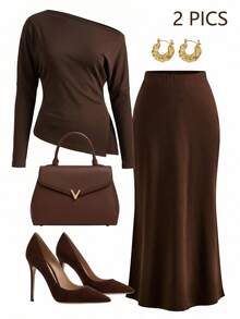 Gownix Women's Solid Color Asymmetrical Shoulder Long Sleeve Ruched T-Shirt And Mermaid Skirt Elegant 2 Pieces Set Fall/Winter Y2k Business Sexy Chic - Brown - View 10