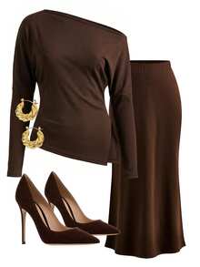 Gownix Women's Solid Color Asymmetrical Shoulder Long Sleeve Ruched T-Shirt And Mermaid Skirt Elegant 2 Pieces Set Fall/Winter Y2k Business Sexy Chic - Brown - View 9