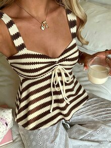 SHEIN EZwear 休閒大尺碼條紋紋理布料女款上衣，適合夏季 - 杏色 - 查看 6