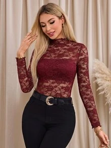 SHEIN Clasi 女款蕾絲立領長袖透視修身性感上衣 夏/秋/冬 奢華商務約會之夜 可愛時尚 基本款 婚禮 外出穿搭 酒紅色 - 紅色 - 查看 9