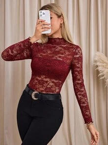 SHEIN Clasi 女款蕾絲立領長袖透視修身性感上衣 夏/秋/冬 奢華商務約會之夜 可愛時尚 基本款 婚禮 外出穿搭 酒紅色 - 紅色 - 查看 10